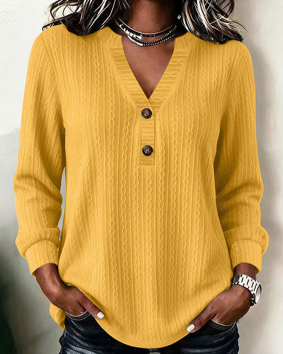 Top Ensfarvet Ribbet V-Hals Knap