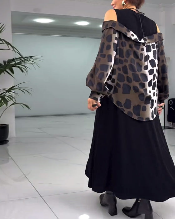 Afslappet kjole med leopardprint og bare skuldre