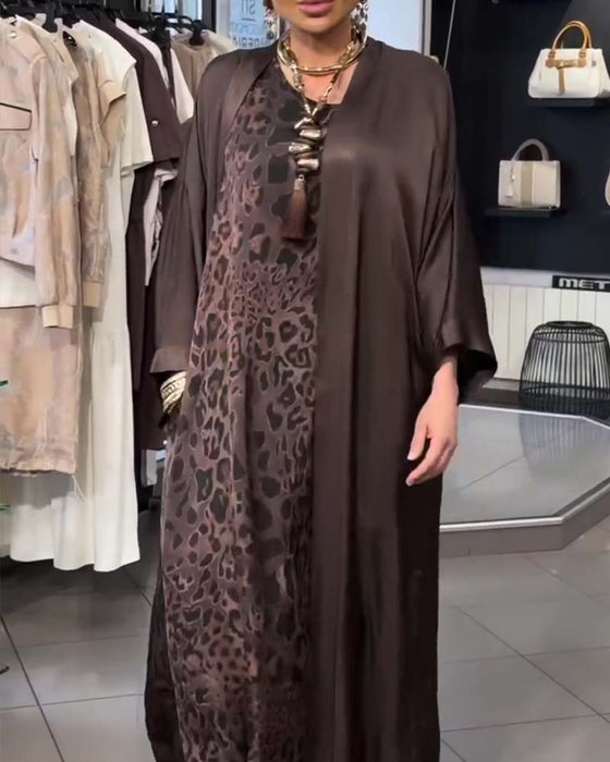 Sæt Leopard Spaghetti Strop Lang Kjole Og Cardigan