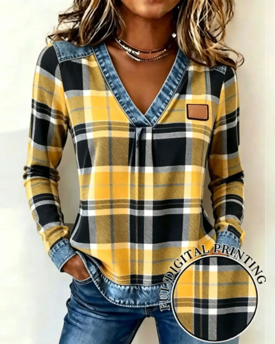 Top V-Hals Rutet Denim Patchwork