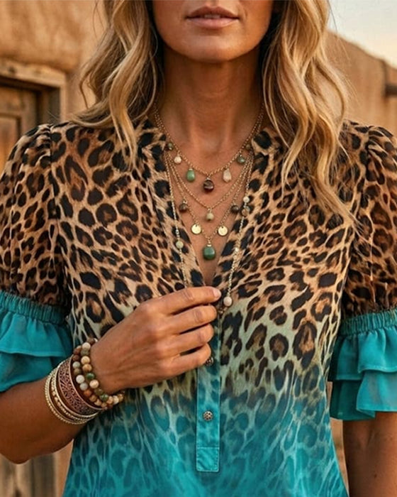 Leopardmønster V-Hals Gradient Rynke Bluse