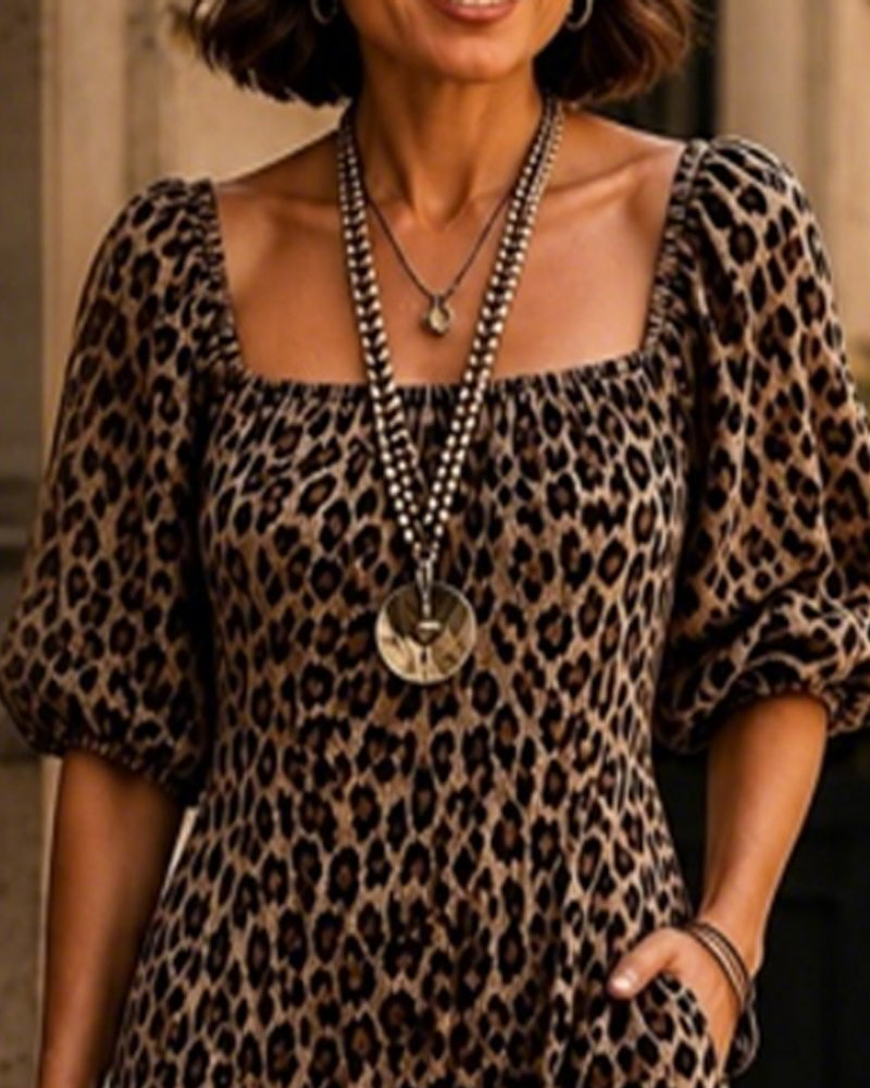 Kjole Firkantet Hals Leopard Mode