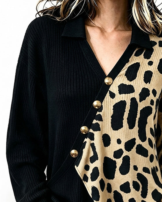Pullover Leopard Patchwork Asymmetrisk Knapstolpe Farveblok