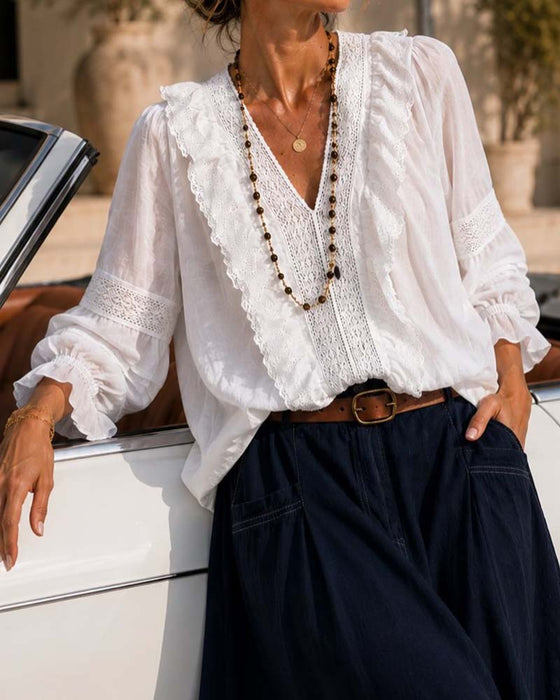 Bluse V-Hals Enfarvet Blonder