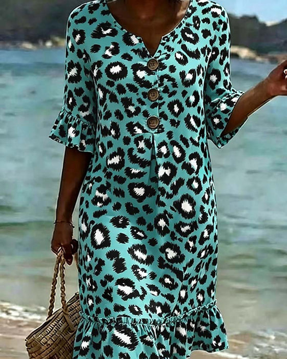 Kjole Leopardprint V-Udskæring Flæse
