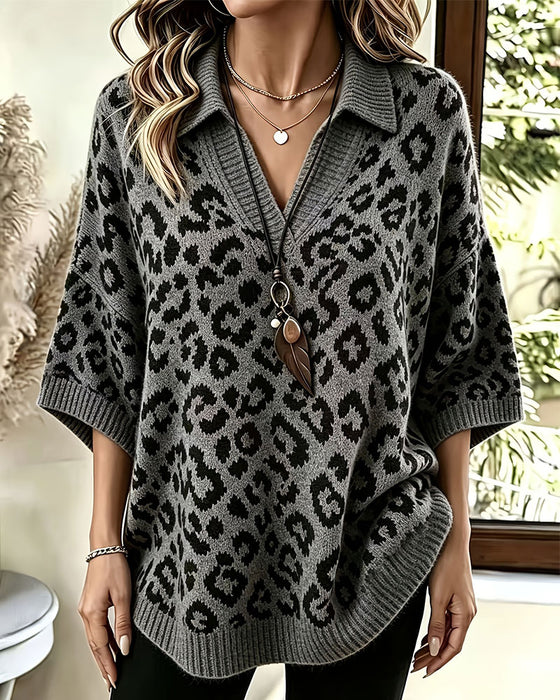 Pullover Med Krave V-Hals Leopardmønster Halværme Sweater
