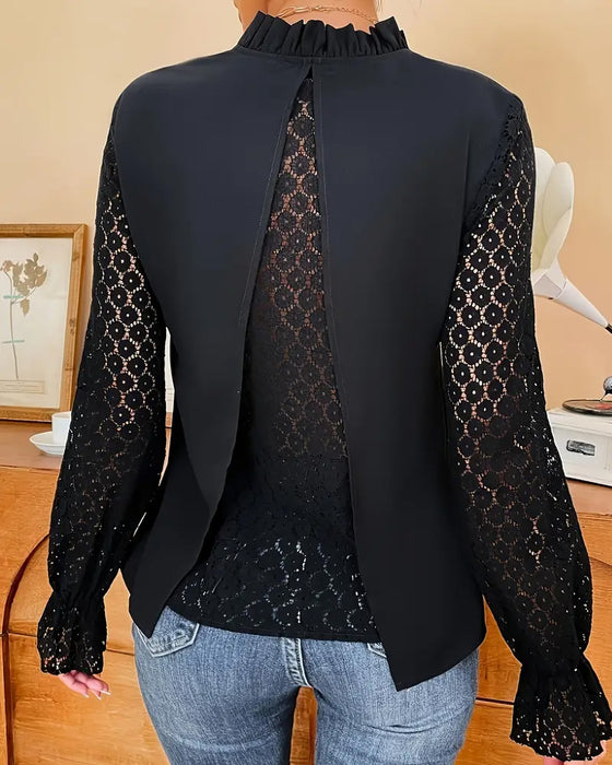 Bluse Med V-Hals Blonde Og Lange Ærmer