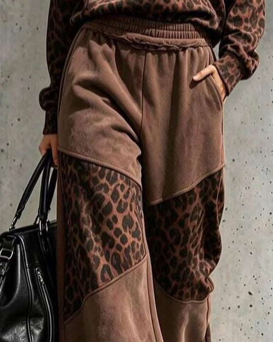 Sæt Leopardprint Patchwork Sweatshirt