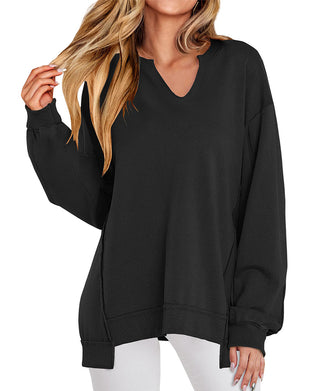Sweatshirt V-hals Ensfarvet Løstsiddende