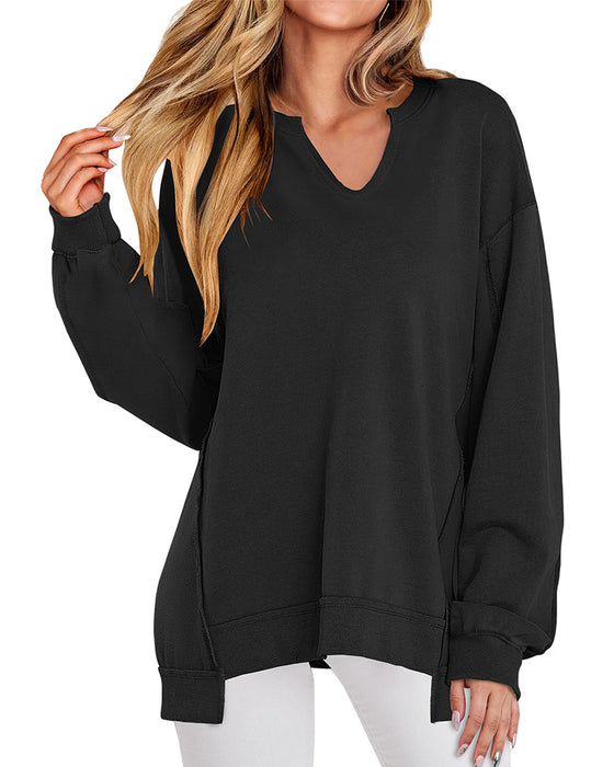 Sweatshirt V-hals Ensfarvet Løstsiddende