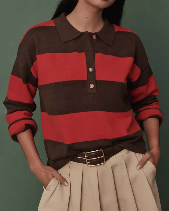 Pullover Med Bred Stribet Knappet Krave