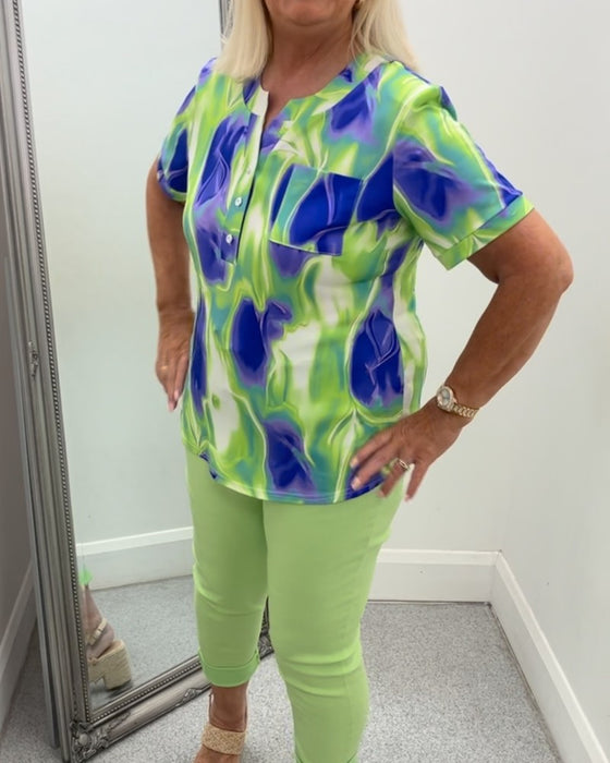 Bluse Henley Hals Ombre Tryk Kort Ærme Lomme