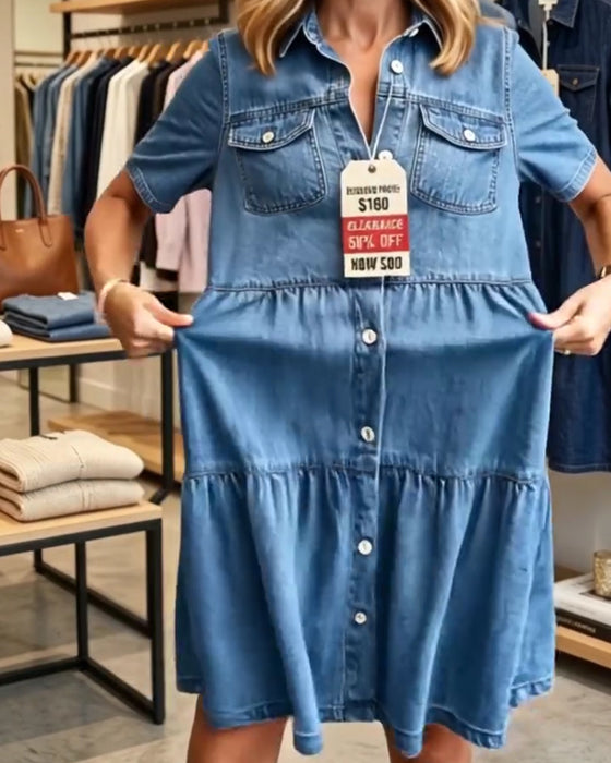 Kjole Denim Ruffle Lag Kort Ærme