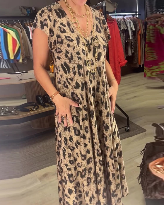 Kjole V-Hals Leopard Fuld Nederdel
