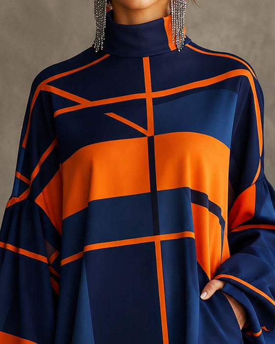 Kjole Kontrastfarve Turtleneck Lygteærme