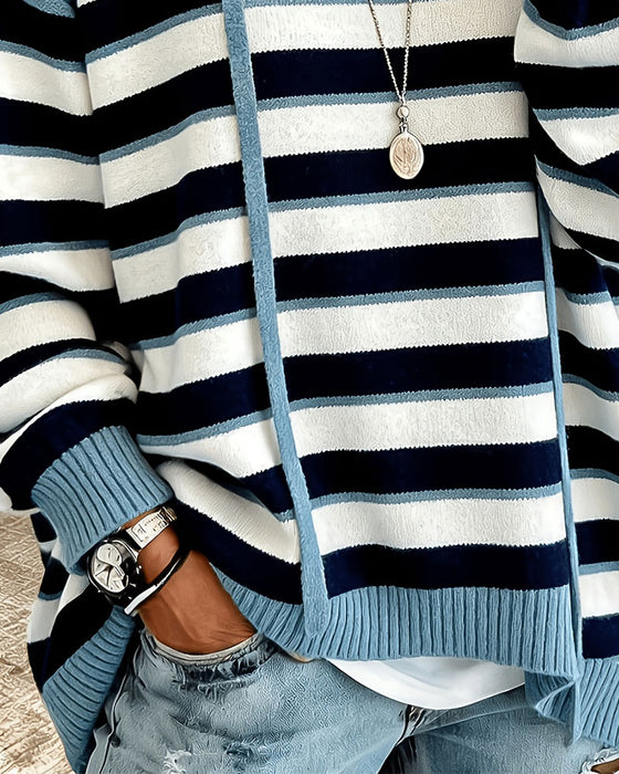 Sweater Stribet Med Hætte Snøre