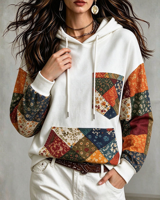 Hoodie Patchwork Tryk Hætte