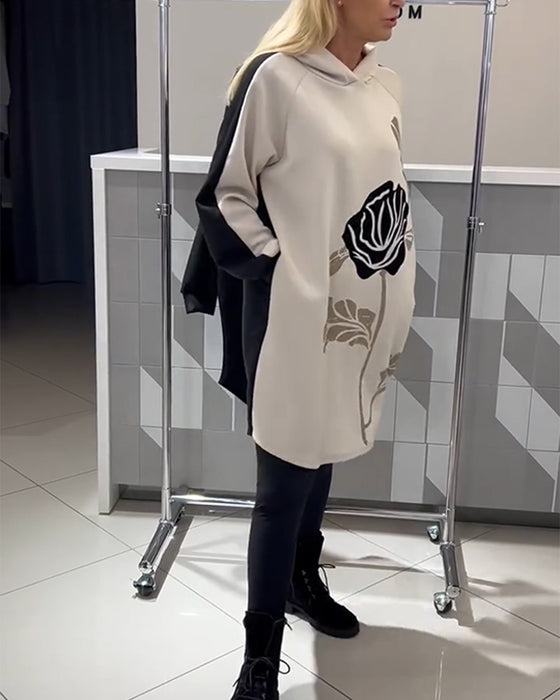 Kjole Med Hætte Farveblok Blomstertryk