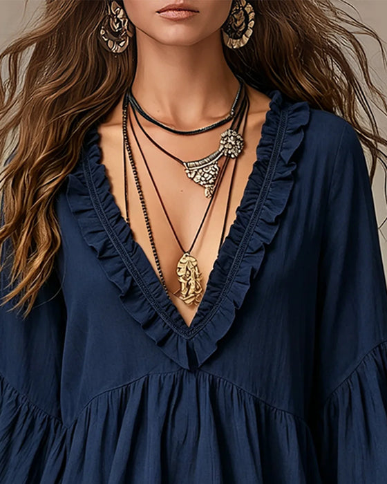 Bluse V-Hals Scallop Ruffle Kant