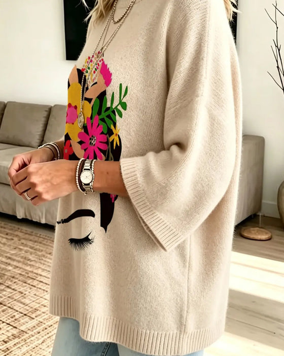 Loose Fit Ansigt Blomstret Tryk Pullover