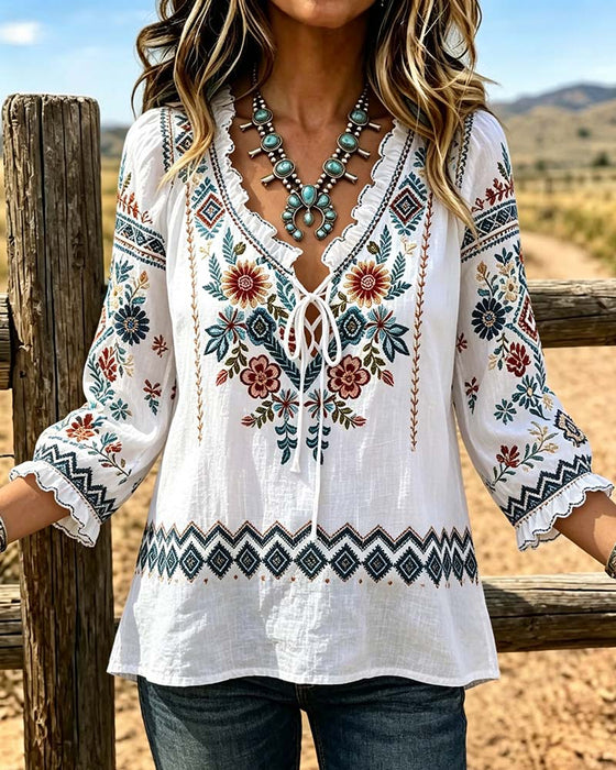 Bluse V-Hals Bohemian Ruffle