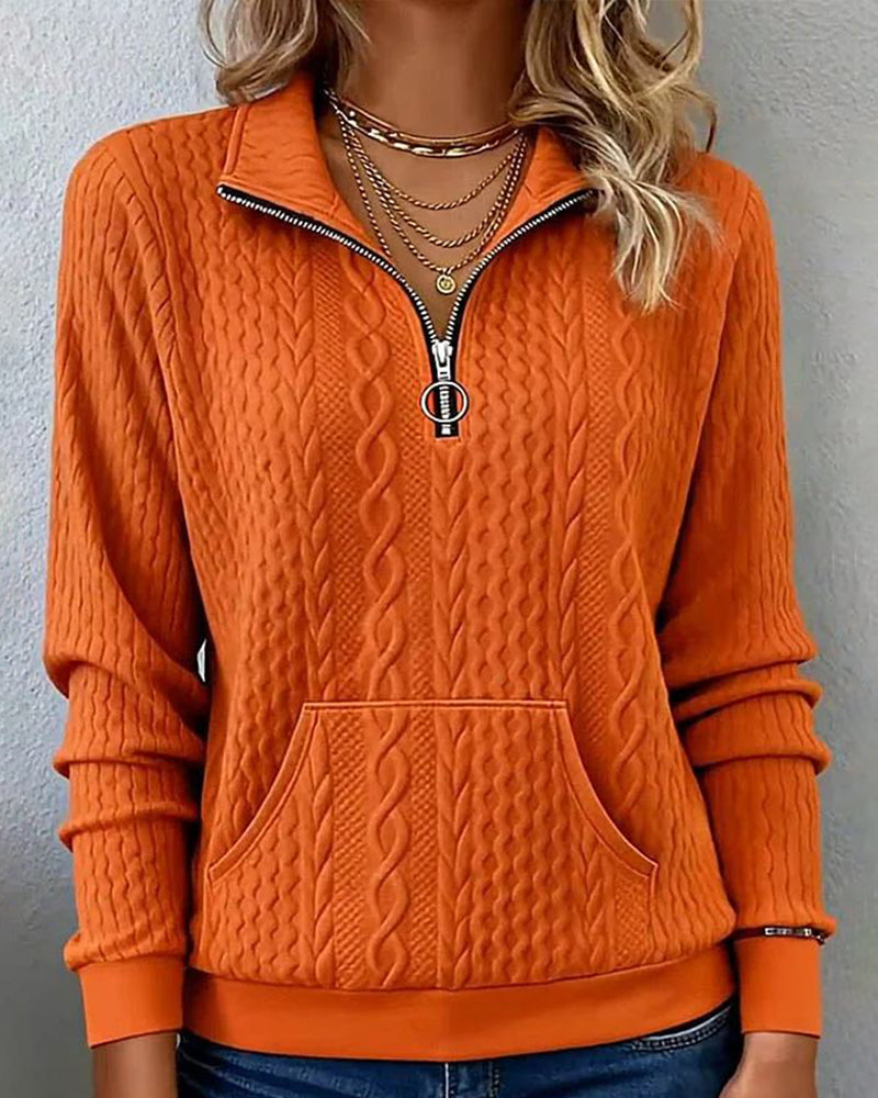 Ensfarvet Sweatshirt Med Halv Lynlås Og Jacquard