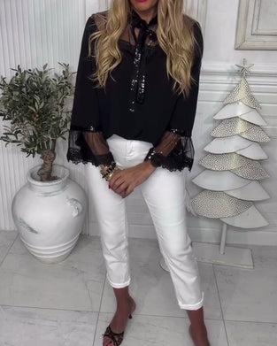 Bluse Ensfarvet Patchwork Langærmet