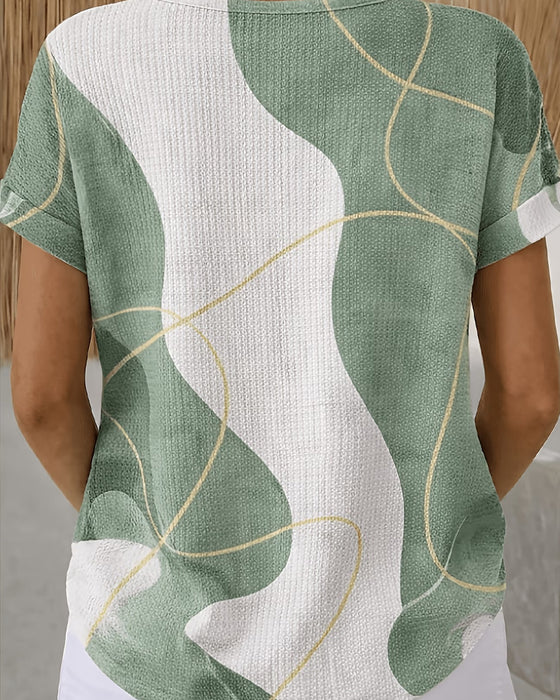 Bluse Med Rundhals, Knapper, Kontrastfarvede Linjer