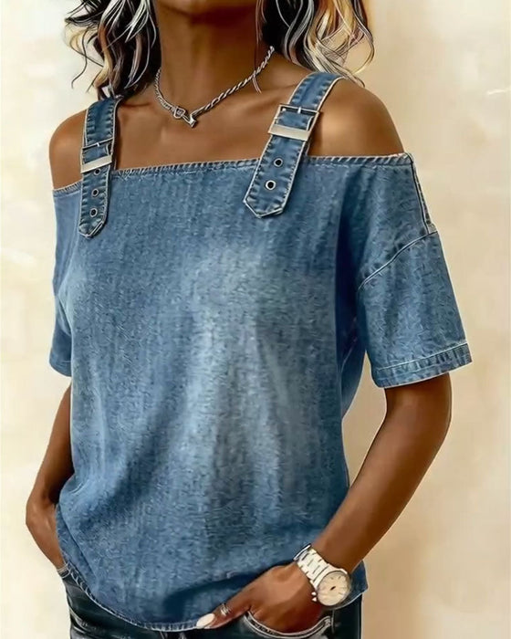 Bluse Off-Shoulder Med Skulderstrop Denim