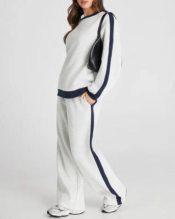 Sæt Side Farveblok Rund Hals Sweatshirt