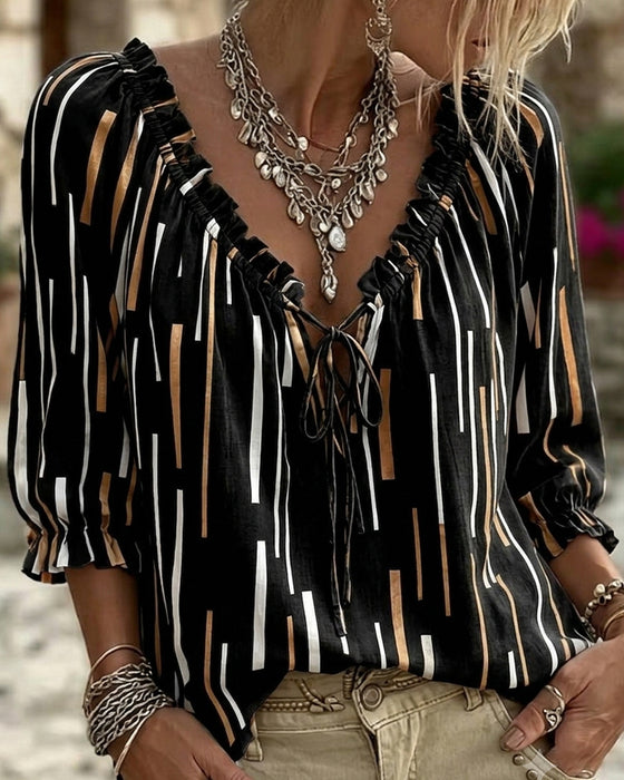 Bluse V-Hals Ruffle Trim Stribe