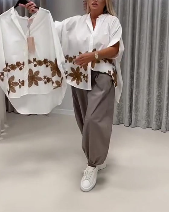 Bluser Blomstret Tryk Mandarin Krave Løs