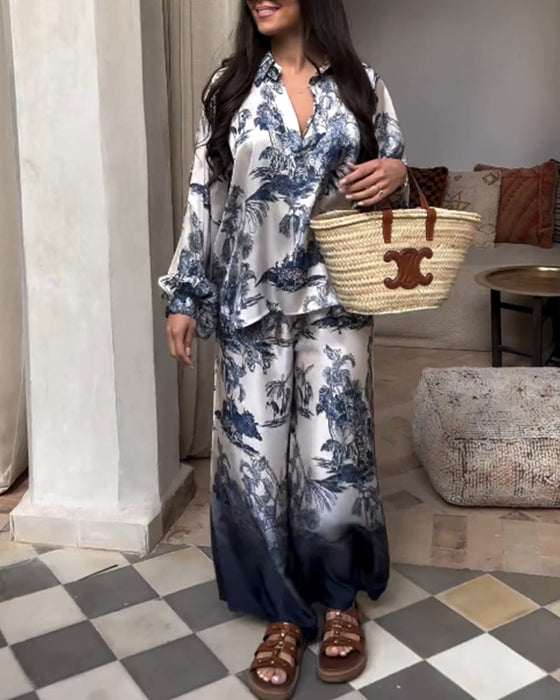 To-delt sæt | Gradientfarvede bukser og bluse med print