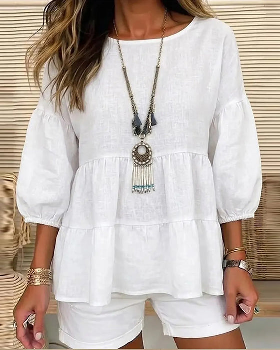 Bluse Rund Hals Baby Doll Lanterne Medium Ærme