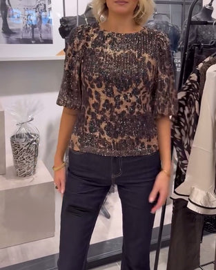 Bluse Med Lanterneærmer Pailletter Leopardprint