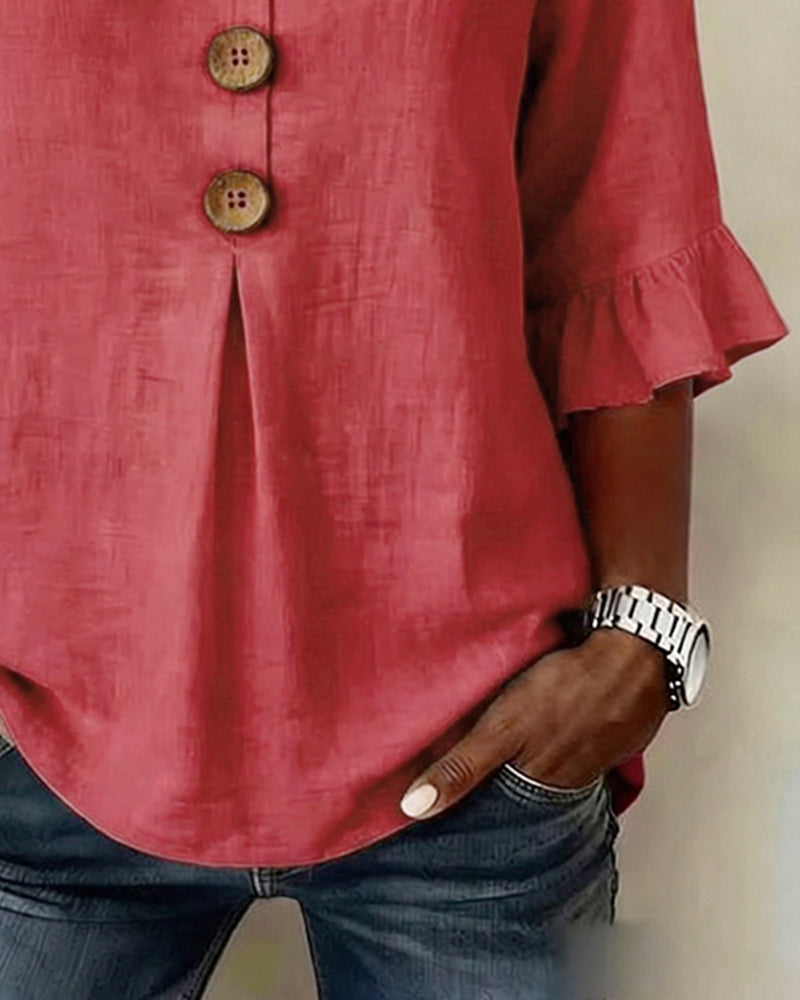 Bluser Ensfarvet Bomuld-Hør Træknapper Rynker