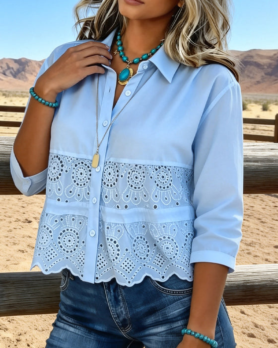 Bluse Udskæring Patchwork Krave