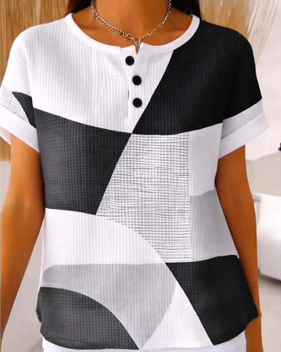 Bluse Rundhalset Knap Farveblok Vaffel