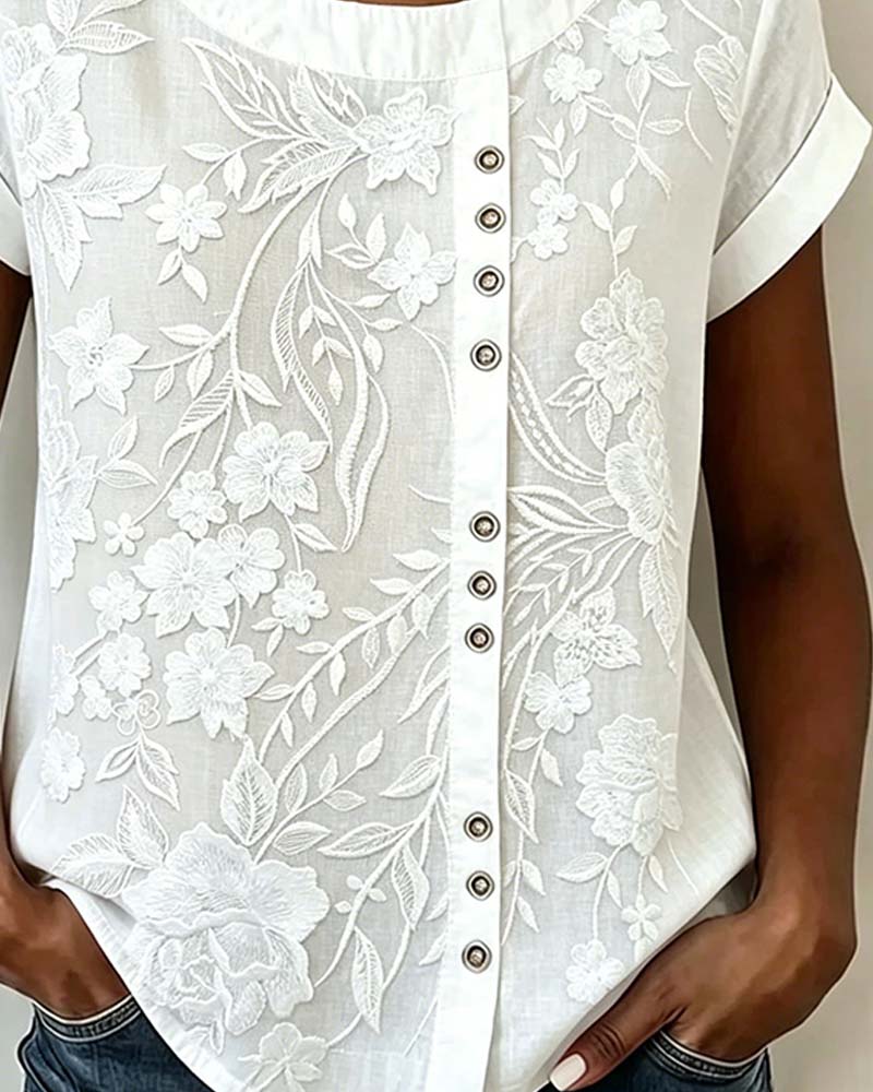 Bluse Blomstret Knap Rundhals Kortærmet