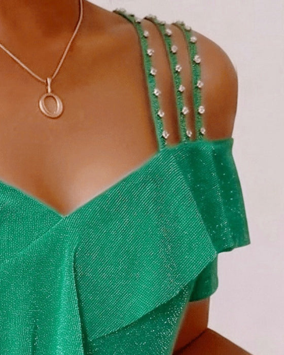 T-Shirt Diamantstropper Rynket Off-Shoulder V-Hals