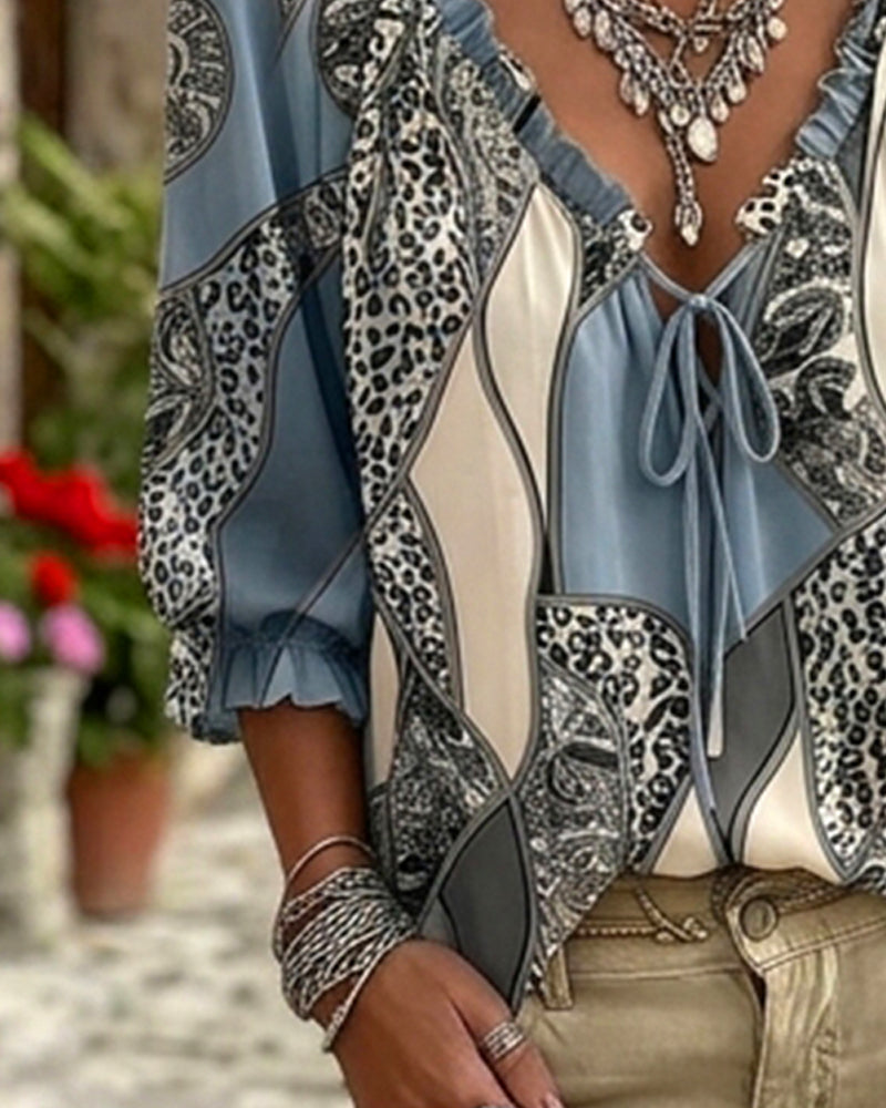 Bluse V-Hals Leopard Pufærme Bind