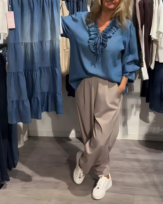 Bluse Rynke Kant Bind Denim