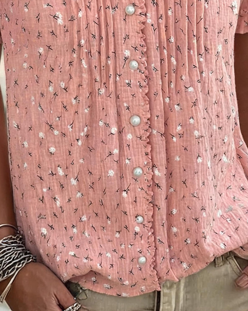 Bluse Puffærme Blomstret Tryk Kortærmet