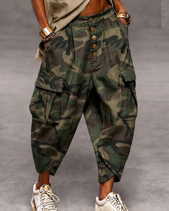 Bukser Camouflage Multi-Knap Høj Talje Mode