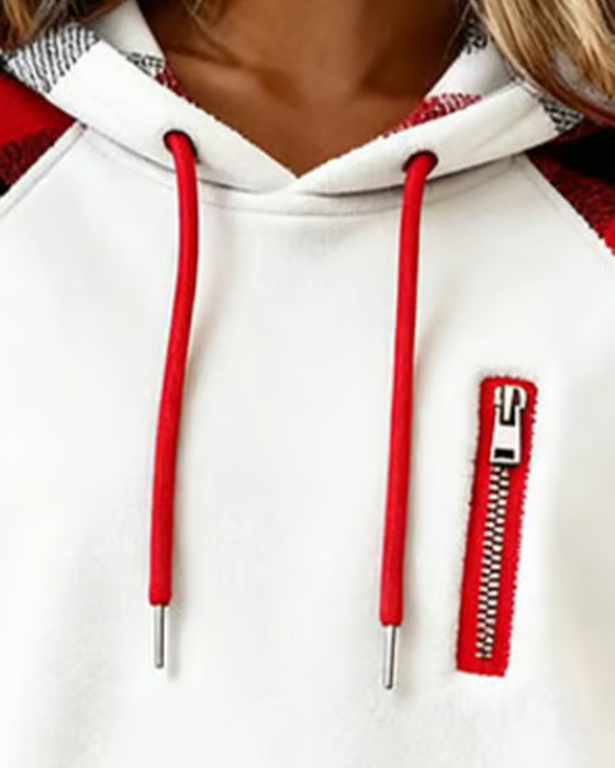 Farveblokeret Hoodie Med Ternet Mønster