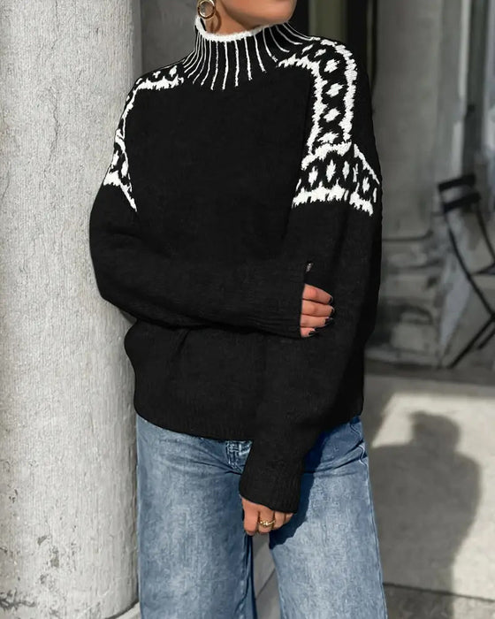 Sweater Høj Hals Mønstret Kontrast