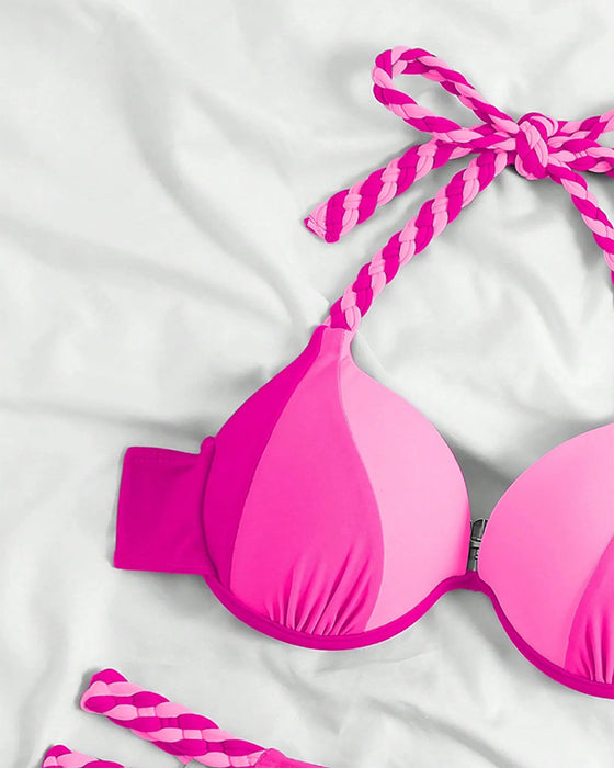 Halterneck bikini med brun-hvid farveblok