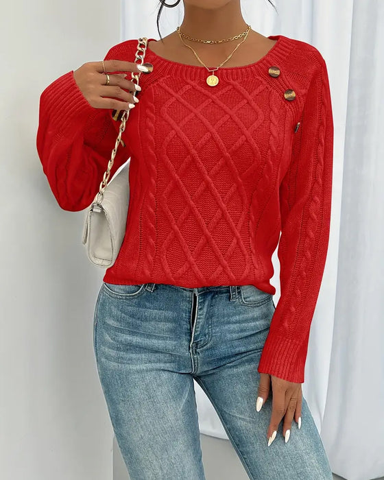 Sweater Ensfarvet Raglanærme Spænde Kablestrik