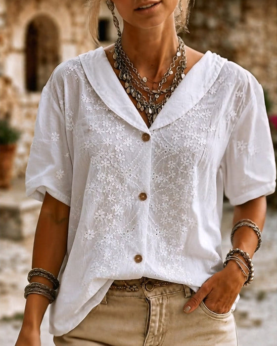 Bluse Revers Knap Tredimensionel Blomstret