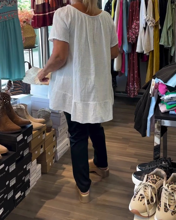 Bluse Rund Hals Rynket Afslappet Solid